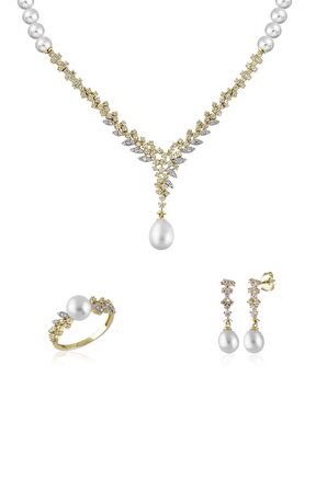 Birinci1926 14 Ayar Altın Kadın Markiz Taşlı İnci Set