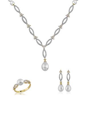 Birinci1926 14 Ayar Altın Kadın Üçgen Oval Taş İnci Set