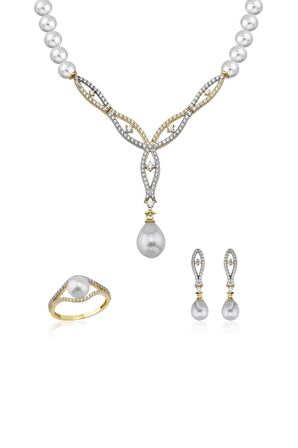 Birinci1926 14 Ayar Altın Kadın Üç Sıra Oval İnci Set