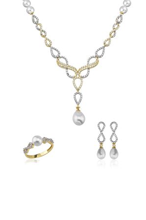 Birinci1926 14 Ayar Altın Kadın Sonsuzluk Damlası İnci Set