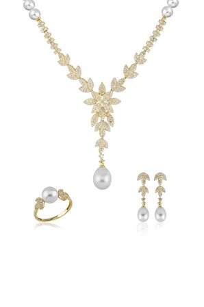 Birinci1926 14 Ayar Altın Kadın Lotus Çiçek Taşlı İnci Set