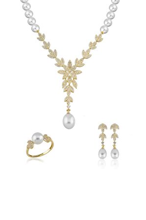 Birinci1926 14 Ayar Altın Kadın Lotus Çiçeği Taşlı İnci Set