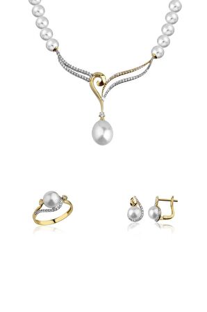 Birinci1926 14 Ayar Altın Kadın Kanat Çift Renk Taşlı İnci Set