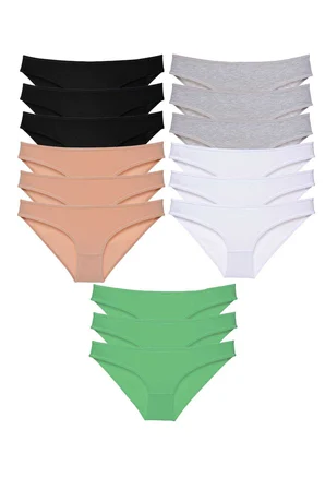 15 adet Süper Eko Set Likralı Kadın Slip Külot Siyah Ten Gri Beyaz Yeşil - L