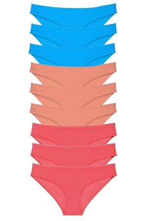9 adet Süper Eko Set Likralı Kadın Slip Külot Pudra Fuşya Mavi - XL
