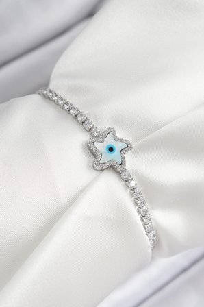 Pirinç Zirkon Taşlı Nazar Yıldız Model Gümüş Renk Asansörlü Kadın Bileklik