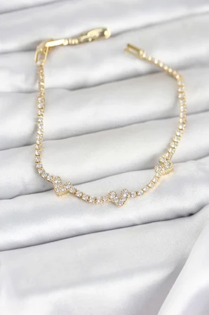 Pirinç Gold Renk Kalp Model Zirkon Taşlı Su Yolu Kadın Bileklik