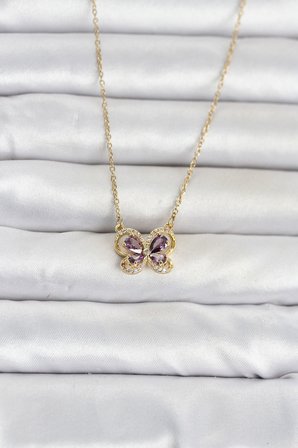 316L Çelik Zincir Gold Renk Mor Kelebek Model Kadın Kolye