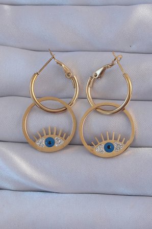 316L Çelik Gold Renk Zirkon Taşlı Mavi Göz Tasarımlı Halka Küpe