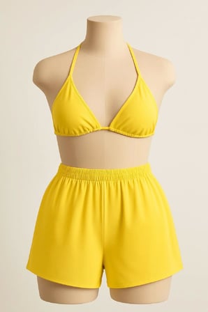 Sarı Şortlu Bağlamalı Bikini Takımı Üçgen Kesim Ayarlanabilir Esnek Kumaş Kadın Mayo Seti
