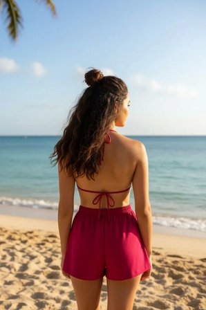Fuşya Şortlu Bağlamalı Bikini Takımı Üçgen Kesim Ayarlanabilir Esnek Kumaş Kadın Mayo Seti