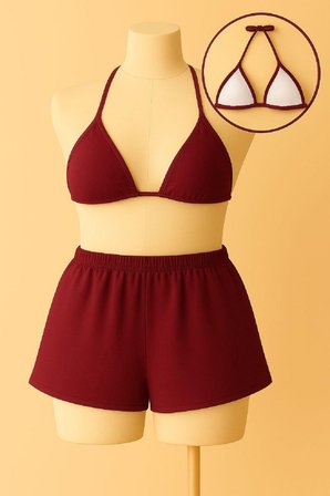 Kadın Bordo Şortlu Belden Ve Boyundan Bağlamalı Bikini Takımı