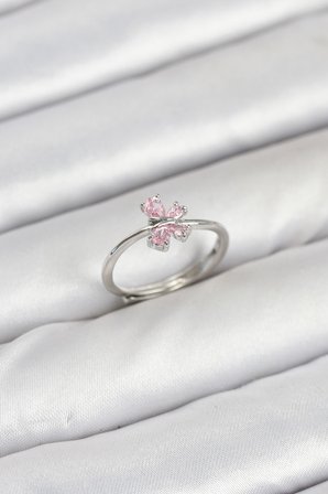 Pirinç Gümüş Renk Pembe Kelebek Kadın Yüzük