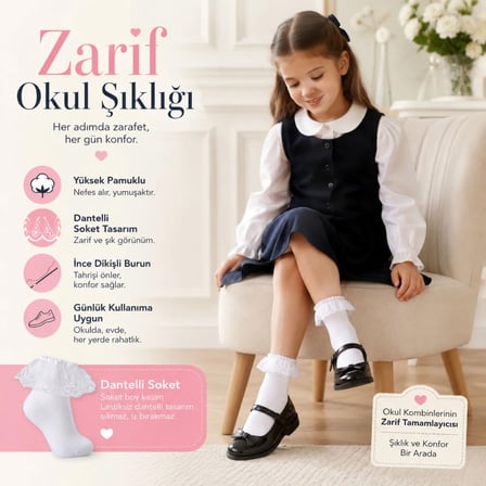 Kız Çocuk 3'lü Beyaz Dantelli Soket Çorap, Yüksek Pamuklu Okul Gösteri ve Özel Gün Çorabı