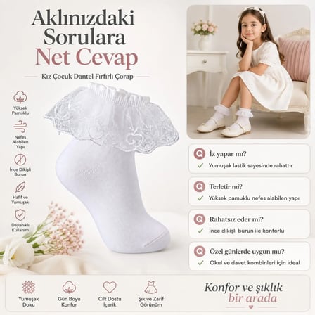 Kız Çocuk 6'lı Beyaz Dantelli Soket Çorap, Yüksek Pamuklu Okul Gösteri ve Özel Gün Çorabı