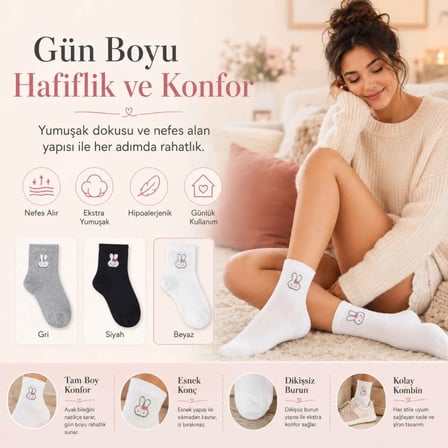 Berselya Kadın Tavşan Desenli Kısa Konç Çorap Çok Renkli 36-40 Beden %80 Pamuklu Dikişsiz Burun