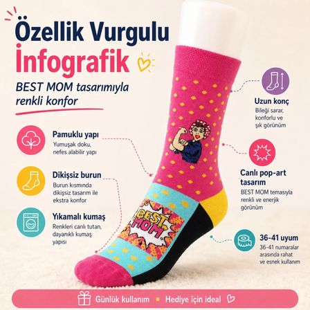 Best Mom Kadın Çorabı 36-41 Pamuklu Dikişsiz Burun Pop Art Desenli Renkli Soket Hediyelik Çorap