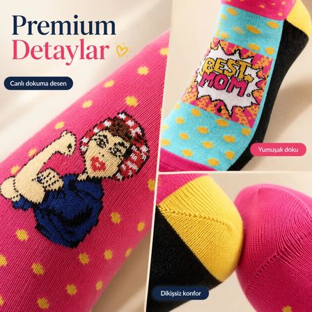 Best Mom Kadın Çorabı 36-41 Pamuklu Dikişsiz Burun Pop Art Desenli Renkli Soket Hediyelik Çorap