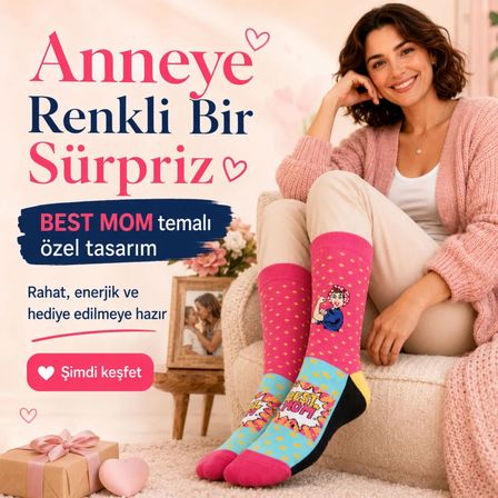 Best Mom Kadın Çorabı 36-41 Pamuklu Dikişsiz Burun Pop Art Desenli Renkli Soket Hediyelik Çorap