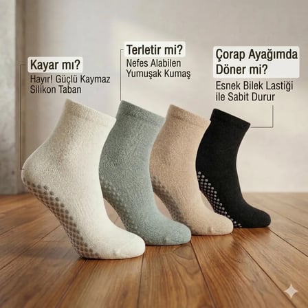 Kaymaz Tabanlı Yoga Pilates 4’lü Çorap, Silikon Tabanlı Esnek Bilekli Nefes Alan Ev ve Spor Çorabı