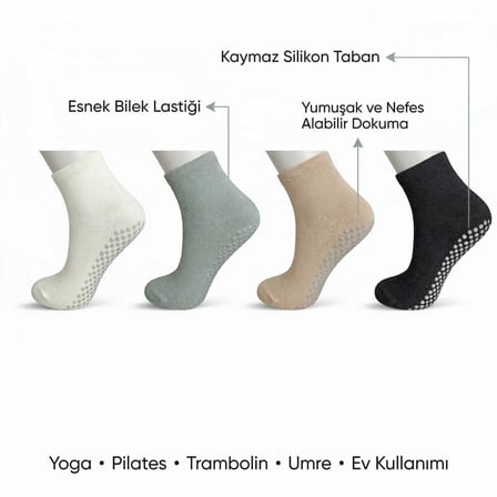 Kaymaz Tabanlı Yoga Pilates 4’lü Çorap, Silikon Tabanlı Esnek Bilekli Nefes Alan Ev ve Spor Çorabı