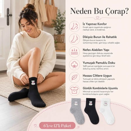 Kadın Tavşan Desenli Kısa Konç Çorap 6’lı Paket, %80 Pamuklu Dikişsiz Burun, Nefes Alan Yumuşak Bilek Çorabı, Gri Siyah Beyaz