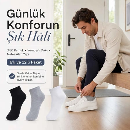 Erkek Kısa Konç Çorap 12’li Paket, %80 Pamuklu, Dikişsiz Burun, Nefes Alan Yumuşak Bilek Çorabı, Siyah Gri Beyaz