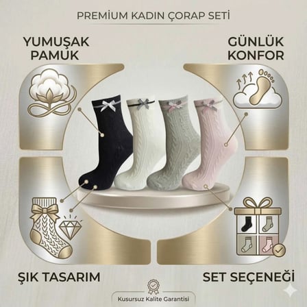 Kadın Fiyonklu Örgü Soket Çorap 4’lü Set – Yumuşak Pamuklu Dokulu Şık Günlük Çorap