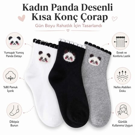 Kadın Panda Desenli Kısa Konç Çorap 12’li Paket, %80 Pamuklu Dikişsiz Burun, Nefes Alan Yumuşak Bilek Çorabı, Siyah Beyaz Gri