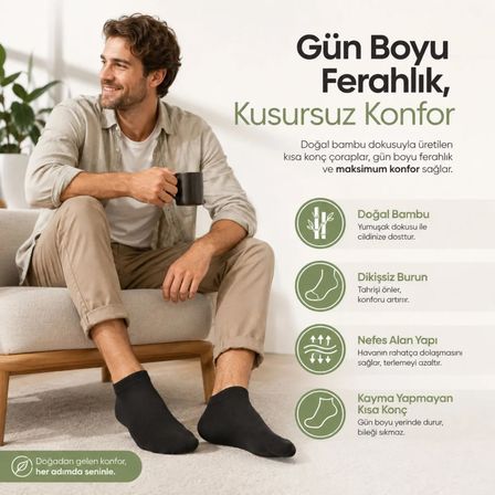 Erkek Kısa Konç 12'li Bambu Çorap 40-44 Dikişsiz Burun Nefes Alan Yumuşak Günlük Patik Çorap