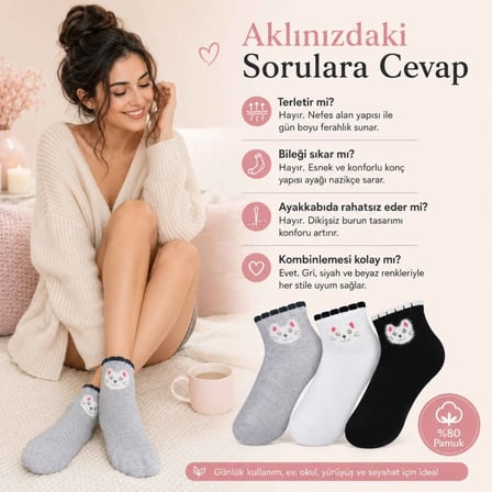 Kadın Kedi Desenli Kısa Konç Çorap 12’li Paket, %80 Pamuklu Dikişsiz Burun, Nefes Alan Yumuşak Bilek Çorabı, Gri Siyah Beyaz