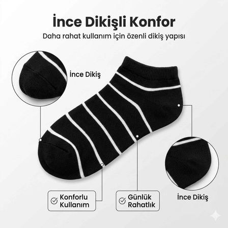 Patik Çorap 5'li Paket %85 Pamuklu Çizgili Yumuşak Konforlu Nefes Alabilir Set