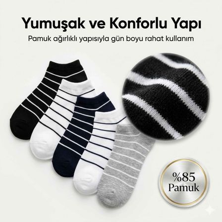 Patik Çorap 5'li Paket %85 Pamuklu Çizgili Yumuşak Konforlu Nefes Alabilir Set
