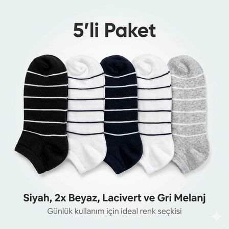 Patik Çorap 5'li Paket %85 Pamuklu Çizgili Yumuşak Konforlu Nefes Alabilir Set