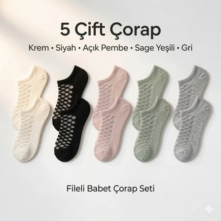 Kadın Fileli Babet Çorap 5’li Set – Nefes Alan, Görünmez, Esnek ve İnce Yazlık Çorap