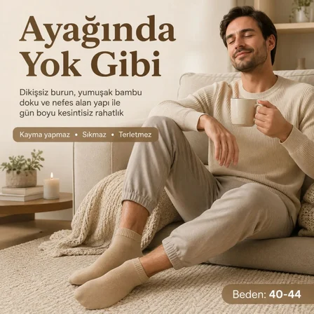 Erkek Kısa Konç Bambu Çorap Çok Renkli 40-44 Dikişsiz Burun Nefes Alan Yumuşak Günlük Patik Çorap