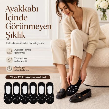Kadın Kalp Desenli Görünmez Ekonomik Babet Çorabı 6’lı Paket – Siyah, Beyaz ve Karışık Renk Kaymaz Topuklu Pamuklu Çorap