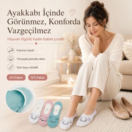Kadın Hayvan Figürlü Görünmez Ekonomik Babet Çorabı 6’lı Paket – Kaymaz Topuklu Pamuklu Ekru, Pembe, Nane Yeşili
