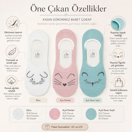 Kadın Hayvan Figürlü Görünmez Ekonomik Babet Çorabı 6’lı Paket – Kaymaz Topuklu Pamuklu Ekru, Pembe, Nane Yeşili