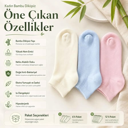 Kadın Bambu Dikişsiz Patik Çorap 6’lı Paket – Yumuşak, Nefes Alan, Nem Emici Kısa Konç Günlük Çorap – Krem, Mavi, Pembe