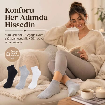 Kadın Kısa Konç Çorap 3’lü Paket, %80 Pamuklu, Dikişsiz Burun, Nefes Alan Yumuşak Bilek Çorabı, Siyah Gri Beyaz