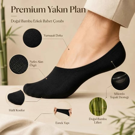 Erkek Bambu 12’li Babet Çorap Görünmez No Show Dikişsiz Silikon Topuklu