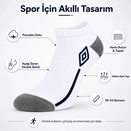 Erkek 6'lı Spor Patik Çorap 39-43 Pamuklu Havlu Destekli Bilek Boy Beyaz Gri