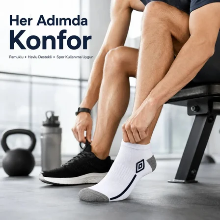 Erkek 6'lı Spor Patik Çorap 39-43 Pamuklu Havlu Destekli Bilek Boy Beyaz Gri
