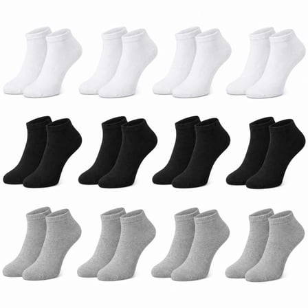 Erkek Bambu Patik Çorap 12’li Paket, Siyah Beyaz Gri, Nefes Alan Nem Emici Yumuşak Günlük Spor Bilek Çorabı