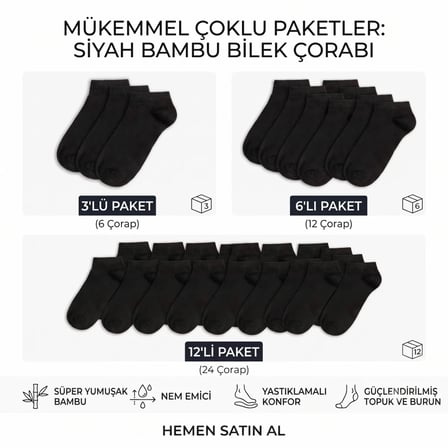 Erkek Bambu Patik Çorap 6’lı Paket, Siyah Beyaz Gri, Nefes Alan Nem Emici Yumuşak Günlük Spor Bilek Çorabı