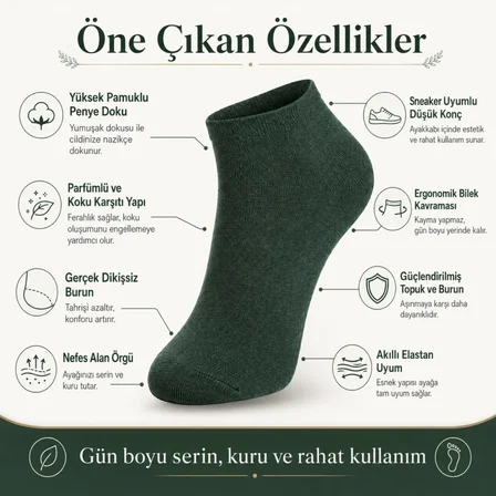Erkek Pamuklu Patik Çorap 5'li Paket 39-45 | Dikişsiz Burun, Koku Karşıtı, Nefes Alan Kısa Konç Sneaker Çorabı