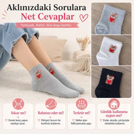 Kadın Ayıcık Desenli Kısa Konç Çorap 6’lı Paket, %80 Pamuklu Dikişsiz Burun, Nefes Alan Yumuşak Bilek Çorabı, Siyah Beyaz Gri