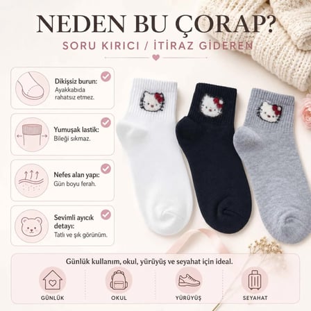 Berselya Kadın Kedi Desenli İnce Pamuklu Bilek Çorabı (36-40 Beden) - Siyah Beyaz Gri (3 Çift)