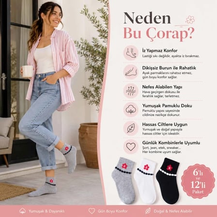 Kadın Çiçek Desenli Kısa Konç Çorap 3’lü Paket, %80 Pamuklu Dikişsiz Burun, Nefes Alan Yumuşak Bilek Çorabı, Gri Siyah Beyaz